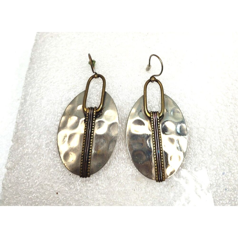 Mixed Metals Bohemian Hammered Oval Dangle Earrings 1.5" Silver and Gold Vintage